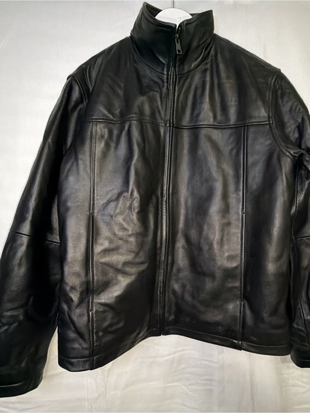Reserved Black Leather Bomber Jacket with Stand Collar